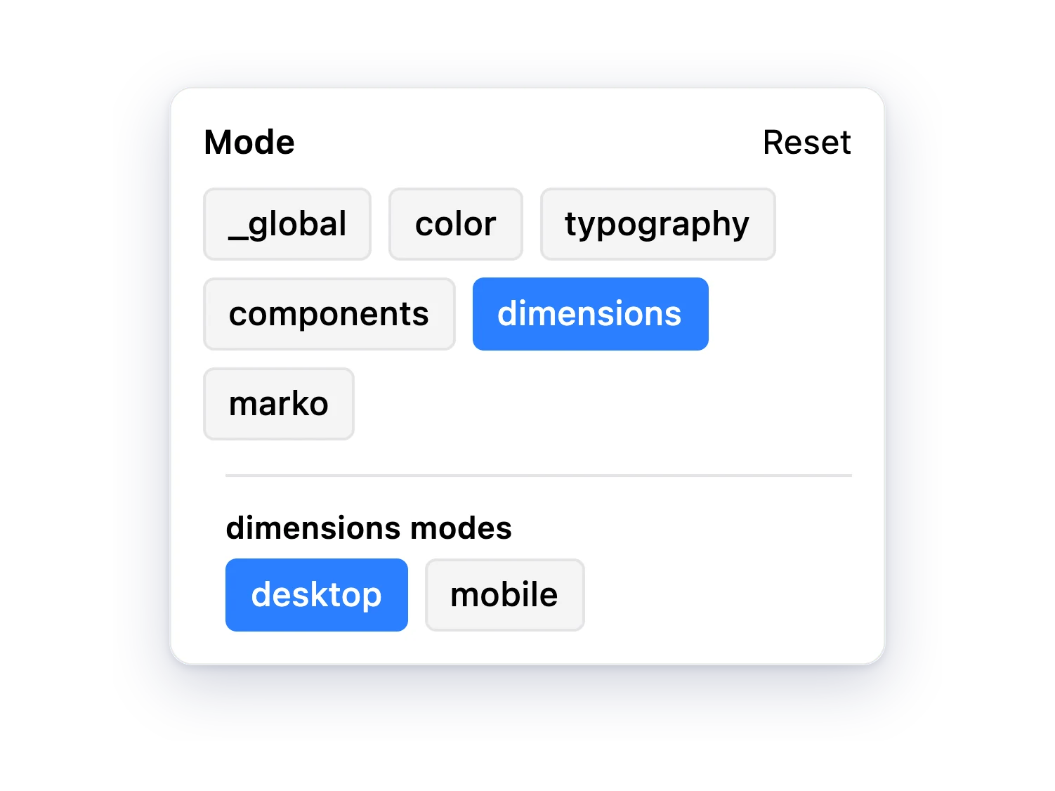The mode picker: collection tags, with desktop and mobile modes for the dimensions collection