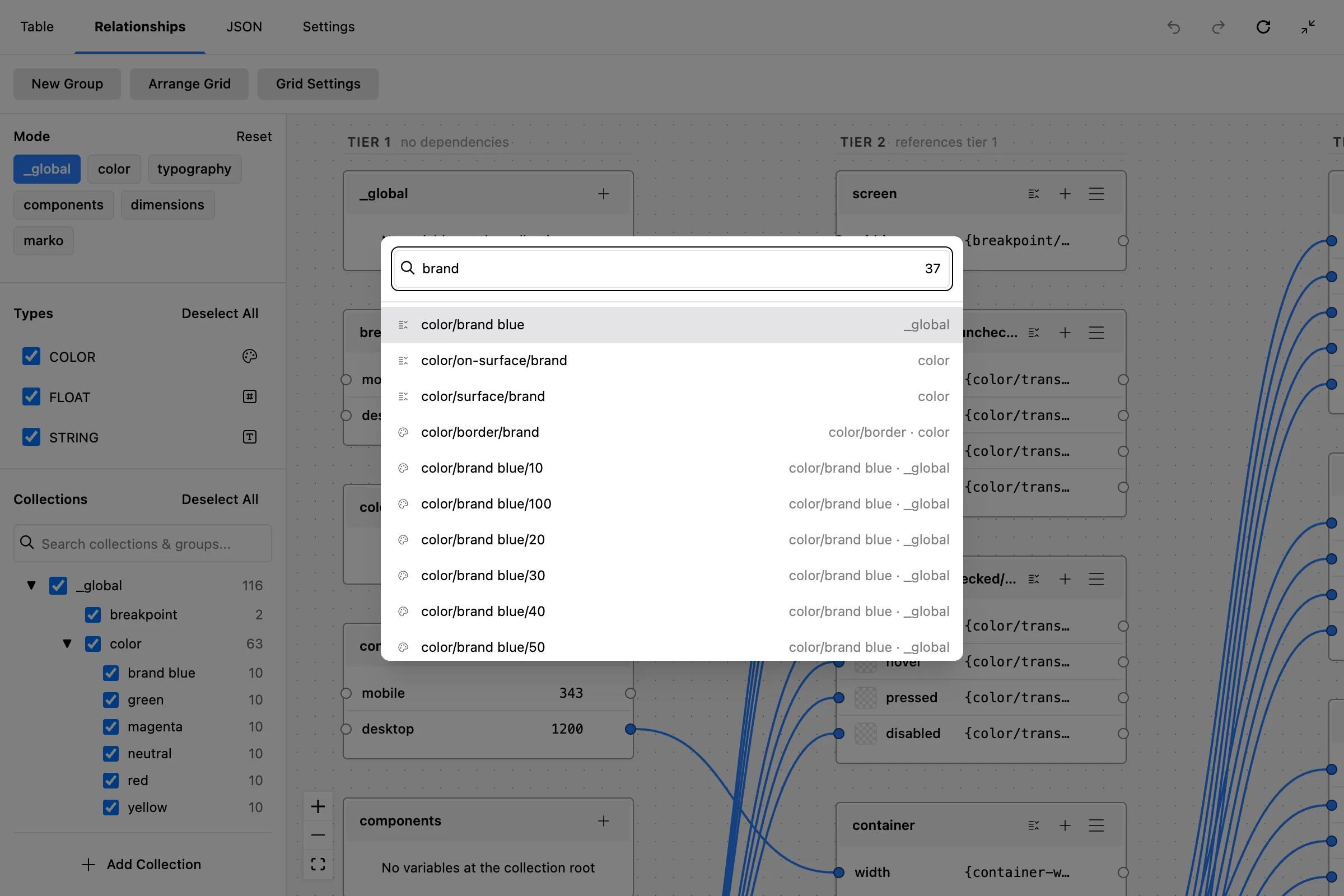 The Command-K quick search palette open over the graph, with results for brand