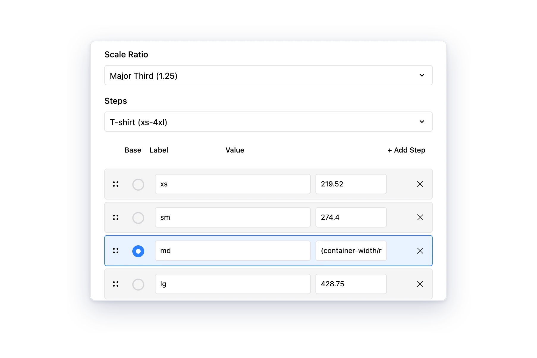 The Steps generator: a scale ratio, T-shirt size steps and the generated values