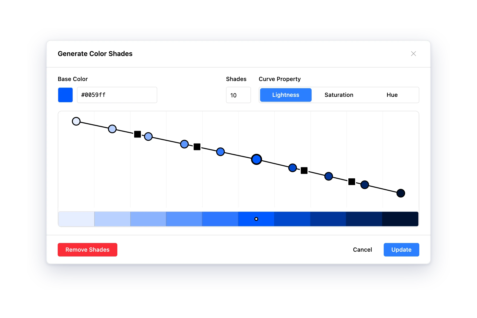 The Shades generator: a Bézier curve editor above a strip of generated swatches
